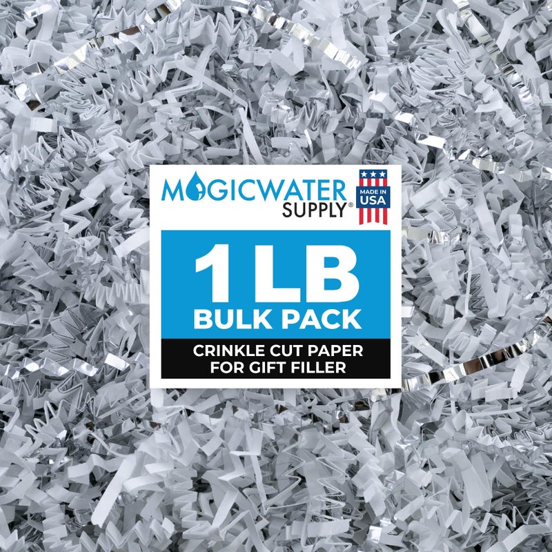 MagicWater Supply - 1LB - White & Silver - Crinkle Cut Paper Shred Filler great for Gift Wrapping, Basket Filling, Birthdays, Weddings, Anniversaries - Image 1